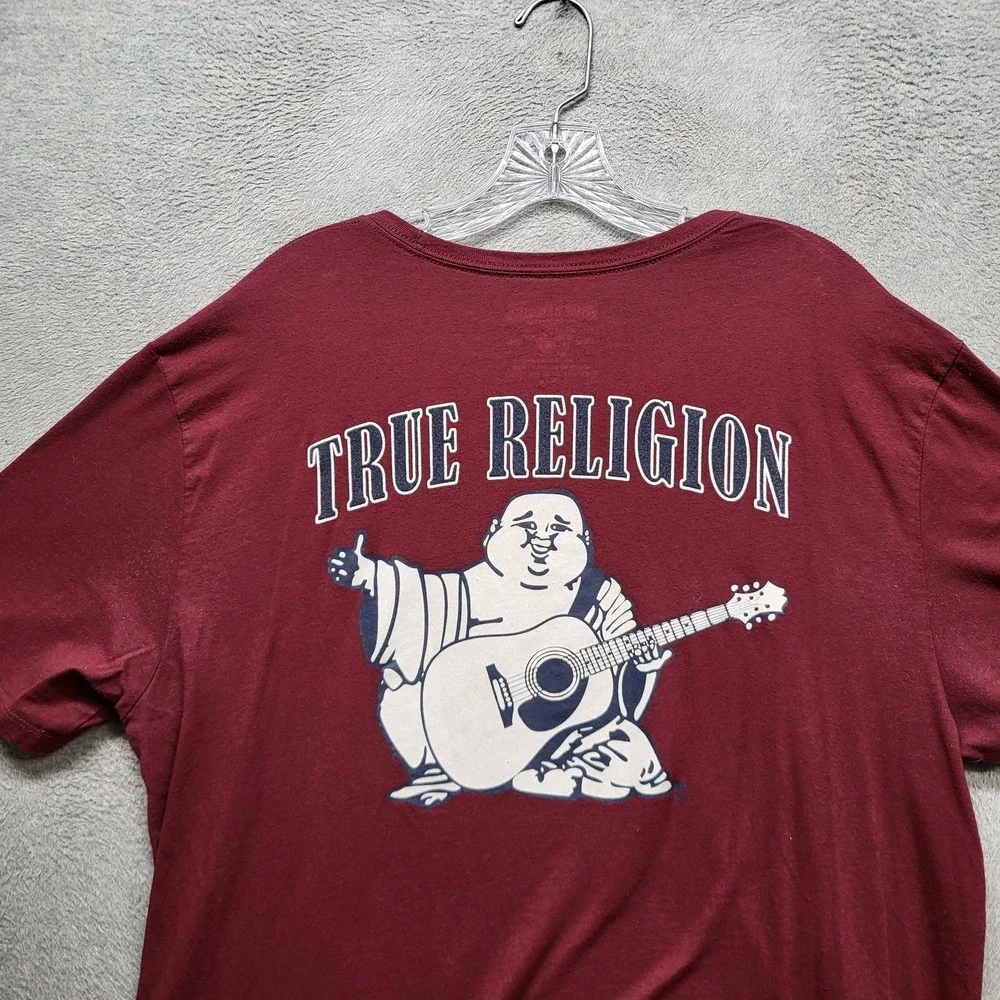 True Religion Men Shirt XL Burgundy Buddha Guitar Logo Graphic Print Short